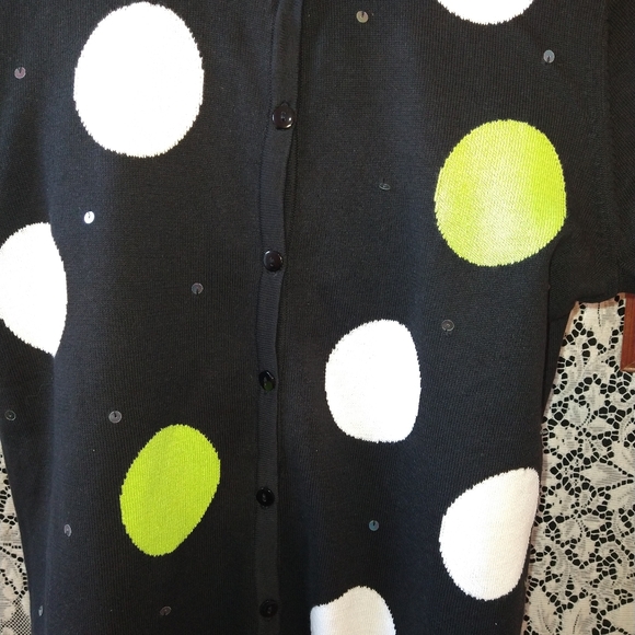 Quacker Factory black cardigan green and white polka dot sequins 100% cotton - Picture 3 of 8